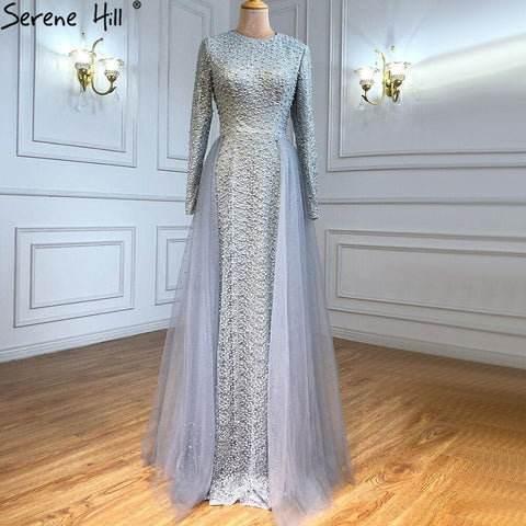 Robe de soirée sirène grise à manches longues, style musulman, en tricot diamant, luxueuse, modèle 2025 LA70212 