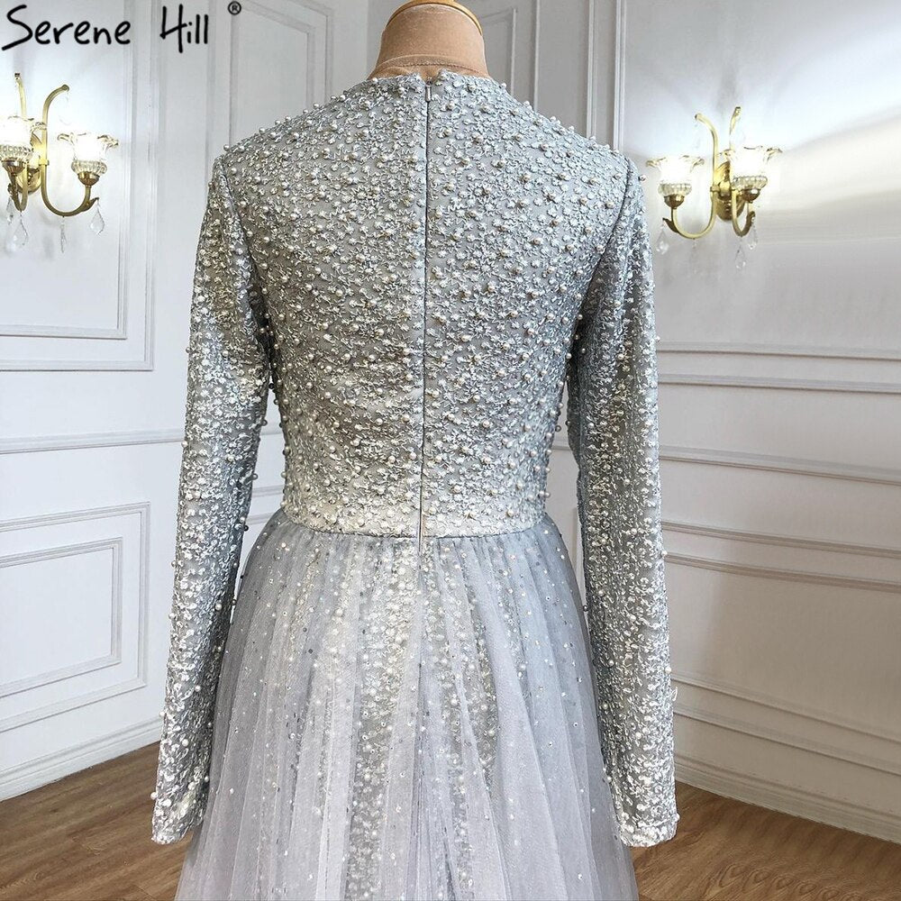 Muslim Grey Mermaid Long Sleeves Evening Dresses Knitting Diamond Luxury Evening Gowns Design 2025 LA70212