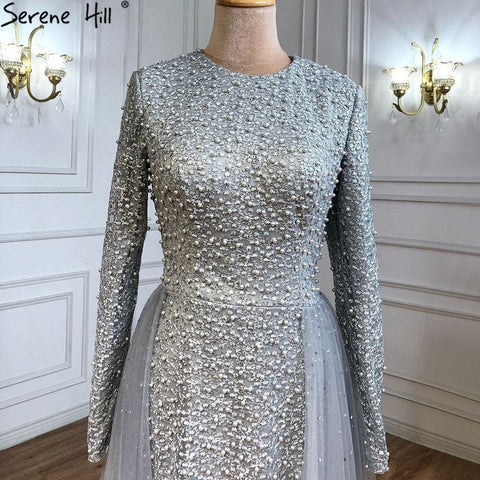 Robe de soirée sirène grise à manches longues, style musulman, en tricot diamant, luxueuse, modèle 2025 LA70212 
