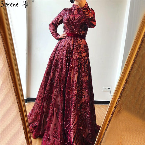 Muslim High Neck  Wine Red Sparkle Wedding dress 2025 Long Sleeve Sequined Luxury A-Line Evening Gowns LA70530