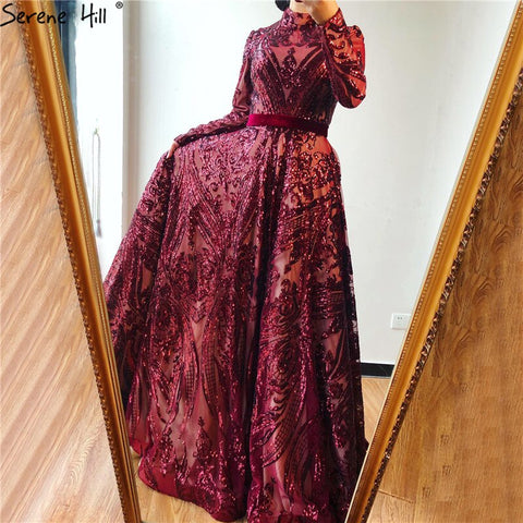 Muslim High Neck  Wine Red Sparkle Wedding dress 2025 Long Sleeve Sequined Luxury A-Line Evening Gowns LA70530
