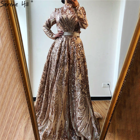 Muslim High Neck  Wine Red Sparkle Wedding dress 2025 Long Sleeve Sequined Luxury A-Line Evening Gowns LA70530