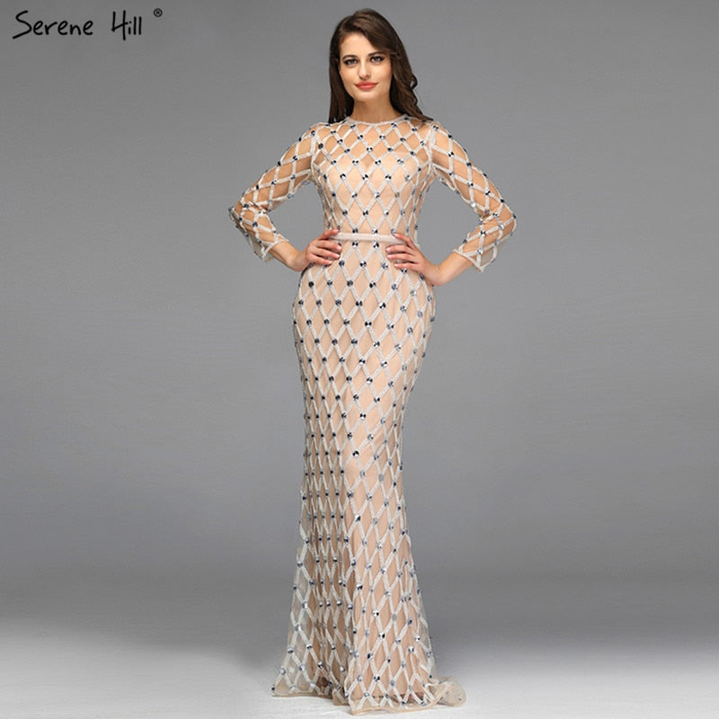 Muslim Long Sleeves Nude Silver Evening Dresses 2025 Latest Design O-Neck Diamond Luxury Formal Dress LA60977