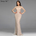 Muslim Long Sleeves Nude Silver Evening Dresses 2025 Latest Design O-Neck Diamond Luxury Formal Dress LA60977