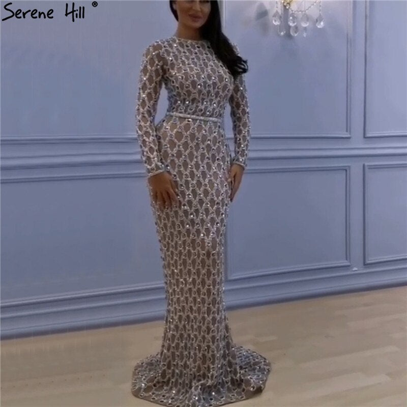 Muslim Long Sleeves Nude Silver Evening Dresses 2025 Latest Design O-Neck Diamond Luxury Formal Dress LA60977