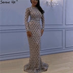 Muslim Long Sleeves Nude Silver Evening Dresses 2025 Latest Design O-Neck Diamond Luxury Formal Dress LA60977