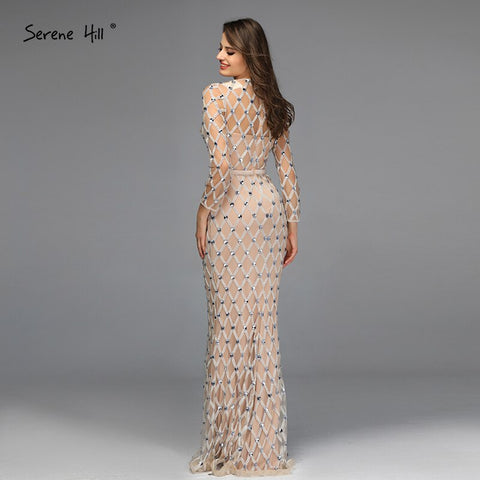 Muslim Long Sleeves Nude Silver Evening Dresses 2025 Latest Design O-Neck Diamond Luxury Formal Dress LA60977