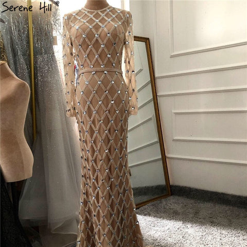 Muslim Long Sleeves Nude Silver Evening Dresses 2025 Latest Design O-Neck Diamond Luxury Formal Dress LA60977
