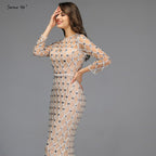 Muslim Long Sleeves Nude Silver Evening Dresses 2025 Latest Design O-Neck Diamond Luxury Formal Dress LA60977