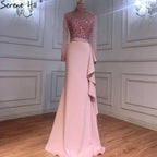 Muslim Luxury Blue Long Sleeves Evening Dresses 2025 High Neck Sequined Ruffles Formal Dress LA70035