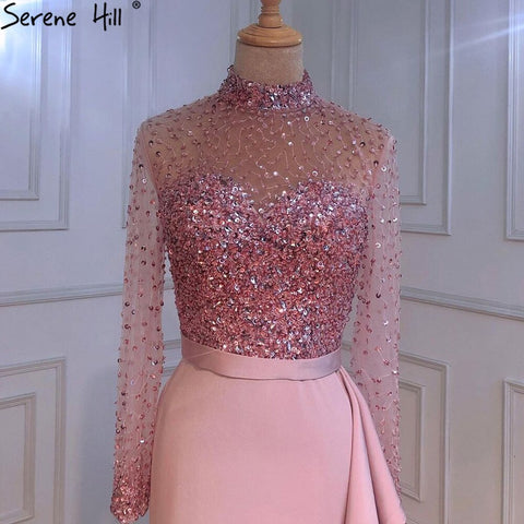 Muslim Luxury Blue Long Sleeves Evening Dresses 2025 High Neck Sequined Ruffles Formal Dress LA70035