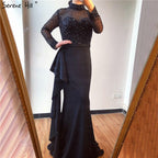 Muslim Luxury Blue Long Sleeves Evening Dresses 2025 High Neck Sequined Ruffles Formal Dress LA70035