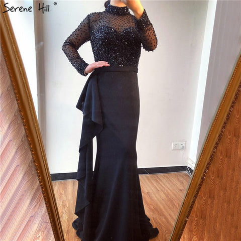 Muslim Luxury Blue Long Sleeves Evening Dresses 2025 High Neck Sequined Ruffles Formal Dress LA70035