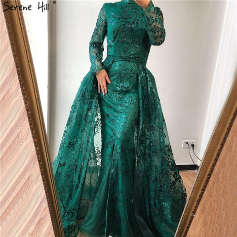 Robe de soirée musulmane de luxe verte à manches longues, style sirène scintillante, col haut, modèle LA60755, 2025 