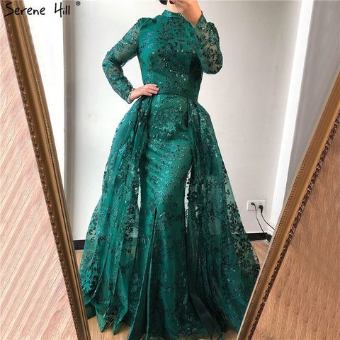 Robe de soirée musulmane de luxe verte à manches longues, style sirène scintillante, col haut, modèle LA60755, 2025 