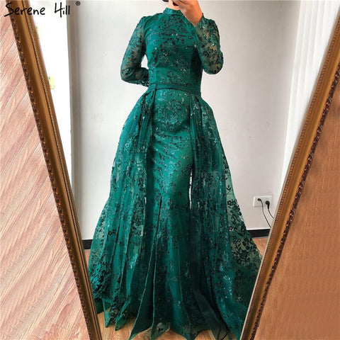 Robe de soirée musulmane de luxe verte à manches longues, style sirène scintillante, col haut, modèle LA60755, 2025 