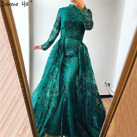 Robe de soirée musulmane de luxe verte à manches longues, style sirène scintillante, col haut, modèle LA60755, 2025 