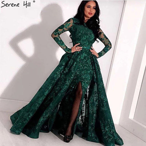 Robe de soirée musulmane de luxe verte à manches longues, style sirène scintillante, col haut, modèle LA60755, 2025 