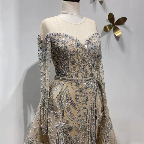 Robe de soirée sirène musulmane couleur chair avec jupe perlée, style Dubaï, pour mariage, 2025, LA71943 