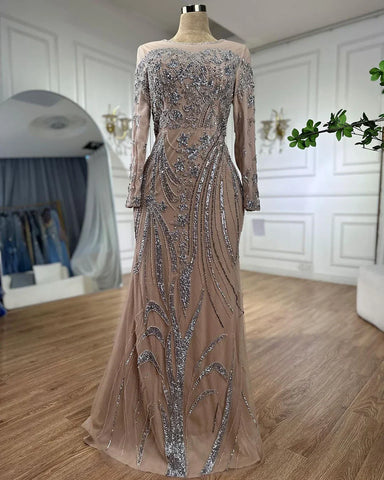 Robe de soirée sirène musulmane couleur chair avec jupe perlée, style Dubaï, pour mariage, 2025, LA71943 