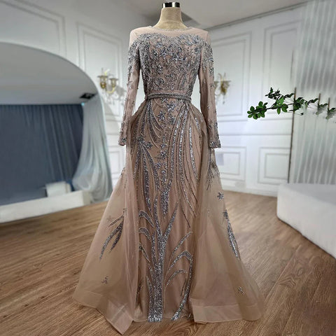 Robe de soirée sirène musulmane couleur chair avec jupe perlée, style Dubaï, pour mariage, 2025, LA71943 