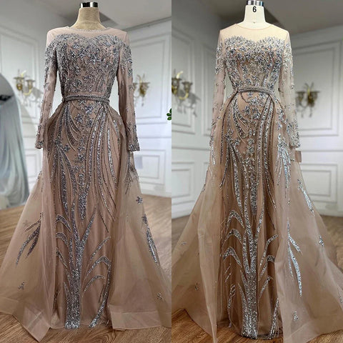 Robe de soirée sirène musulmane couleur chair avec jupe perlée, style Dubaï, pour mariage, 2025, LA71943 