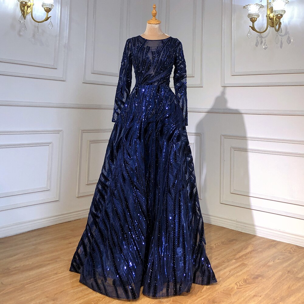 Muslim Navy Blue A-Line Luxury Evening Dresses Gowns 2025 Crystal Long Sleeves For Women Party LA71501
