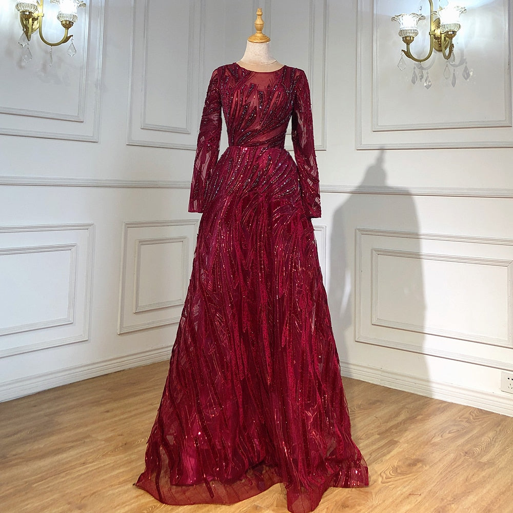 Muslim Navy Blue A-Line Luxury Evening Dresses Gowns 2025 Crystal Long Sleeves For Women Party LA71501