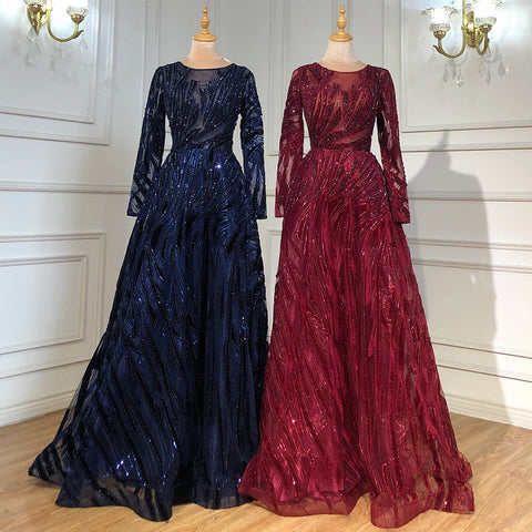 Muslim Navy Blue A-Line Luxury Evening Dresses Gowns 2025 Crystal Long Sleeves For Women Party LA71501