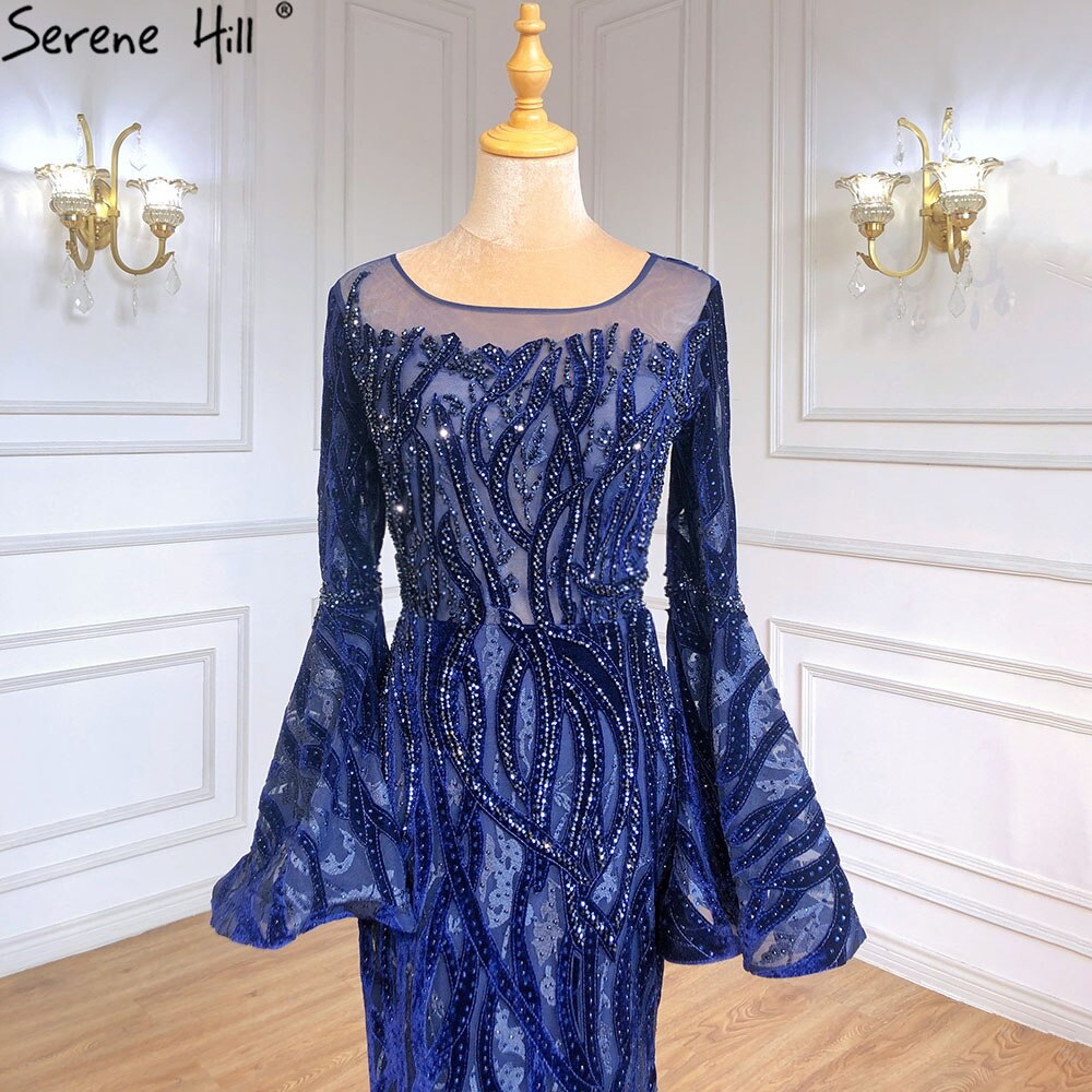 Muslim Navy Blue Mermaid Elegant Evening Dresses Gowns 2025 Flare Sleeve Luxury For Women Party LA71417