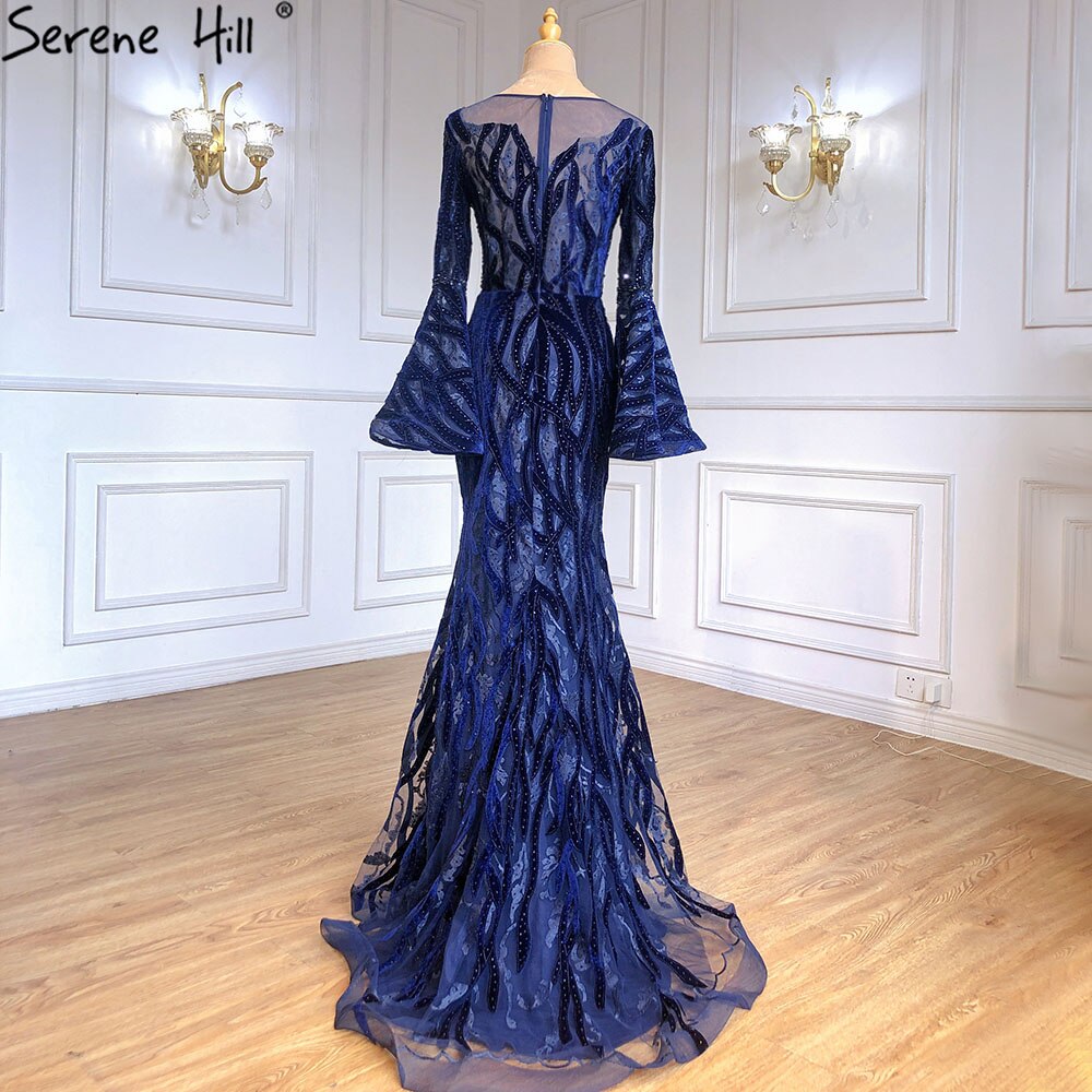 Muslim Navy Blue Mermaid Elegant Evening Dresses Gowns 2025 Flare Sleeve Luxury For Women Party LA71417