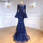 Muslim Navy Blue Mermaid Elegant Evening Dresses Gowns 2025 Flare Sleeve Luxury For Women Party LA71417