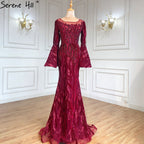 Muslim Navy Blue Mermaid Elegant Evening Dresses Gowns 2025 Flare Sleeve Luxury For Women Party LA71417