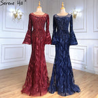 Muslim Navy Blue Mermaid Elegant Evening Dresses Gowns 2025 Flare Sleeve Luxury For Women Party LA71417