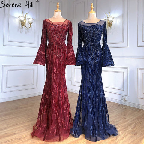 Robe de soirée sirène bleu marine, élégante, style musulman, manches évasées, luxueuse, pour femmes, LA71417, 2025 