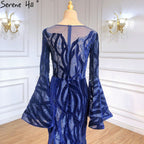 Muslim Navy Blue Mermaid Elegant Evening Dresses Gowns 2025 Flare Sleeve Luxury For Women Party LA71417