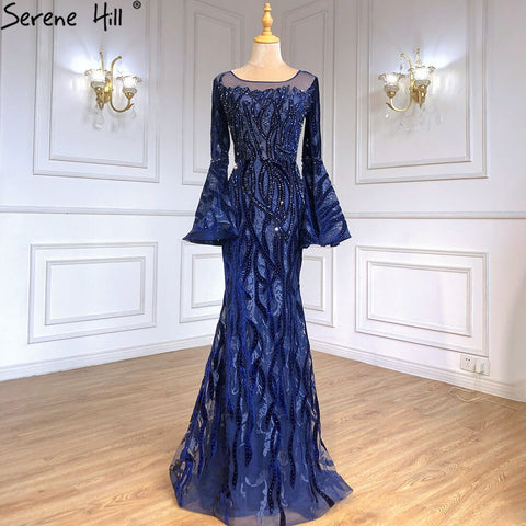 Robe de soirée sirène bleu marine, élégante, style musulman, manches évasées, luxueuse, pour femmes, LA71417, 2025 