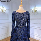 Muslim Navy Blue Overskirt Evening Dresses Gowns 2025 Mermaid Elegant For Women Party LA71382