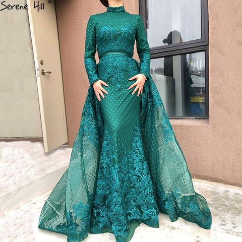 On Sale no return no refundSale Muslim Pink High Collar Evening Dresses 2025 Handmade Flowers Long Sleeves Mermaid Evening Gowns LA6542