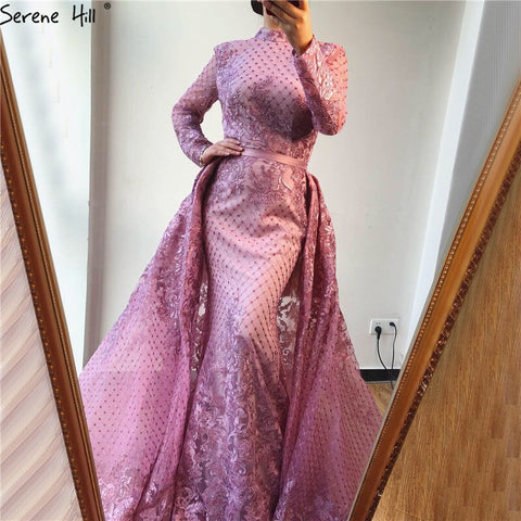 On Sale no return no refundSale Muslim Pink High Collar Evening Dresses 2025 Handmade Flowers Long Sleeves Mermaid Evening Gowns LA6542