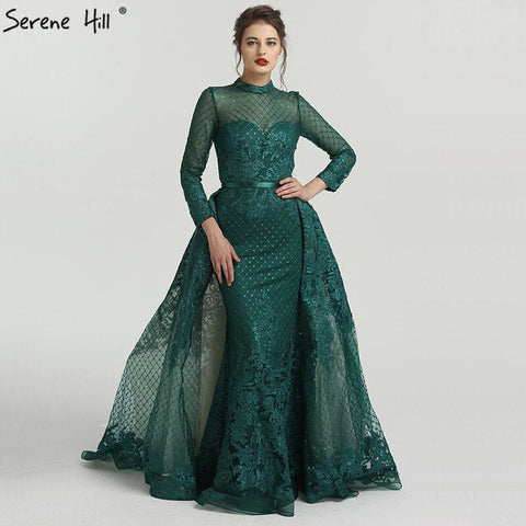 On Sale no return no refundSale Muslim Pink High Collar Evening Dresses 2025 Handmade Flowers Long Sleeves Mermaid Evening Gowns LA6542