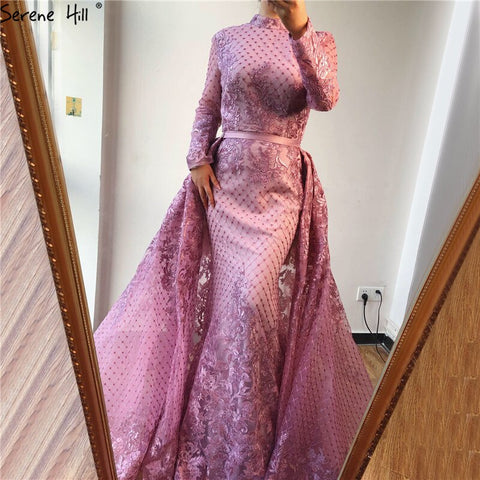 On Sale no return no refundSale Muslim Pink High Collar Evening Dresses 2025 Handmade Flowers Long Sleeves Mermaid Evening Gowns LA6542