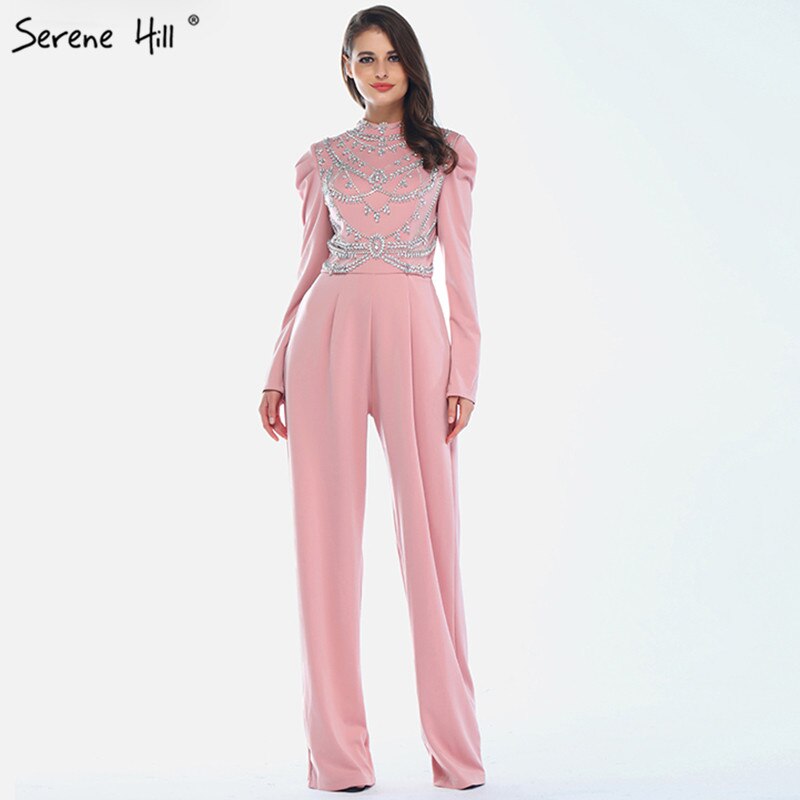 On Sale No Return No Refund Sale Muslim Pink Long Sleeves Evening Dresses High Collar Diamond Jumpsuit Formal Dress LA60910