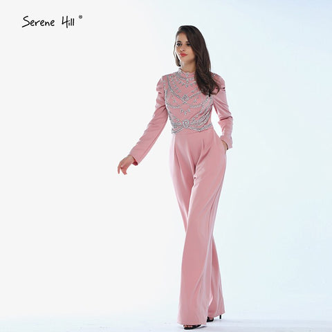 On Sale No Return No Refund Sale Muslim Pink Long Sleeves Evening Dresses High Collar Diamond Jumpsuit Formal Dress LA60910