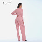 On Sale No Return No Refund Sale Muslim Pink Long Sleeves Evening Dresses High Collar Diamond Jumpsuit Formal Dress LA60910