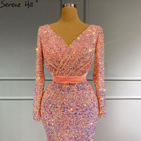 Robe de soirée sirène rose musulmane de luxe, élégante et scintillante, pour femmes, LA71342, 2025 