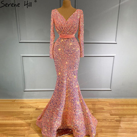 Robe de soirée sirène rose musulmane de luxe, élégante et scintillante, pour femmes, LA71342, 2025 