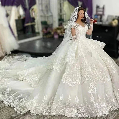 Vestidos de novia musulmanes para mujer, elegantes vestidos de novia árabes de corte A, bata con apliques de encaje, lujosa colección princesa de capas 2023 De Mariée