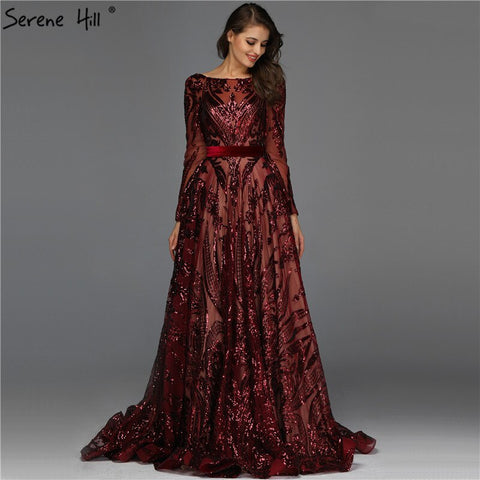 Muslim Wine Red A-Line Luxury Wedding dress 2025 Vintage Long Sleeve Sequined  Evening Gowns  Plus Size  LA60799