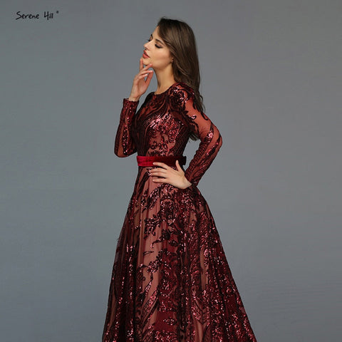 Muslim Wine Red A-Line Luxury Wedding dress 2025 Vintage Long Sleeve Sequined  Evening Gowns  Plus Size  LA60799
